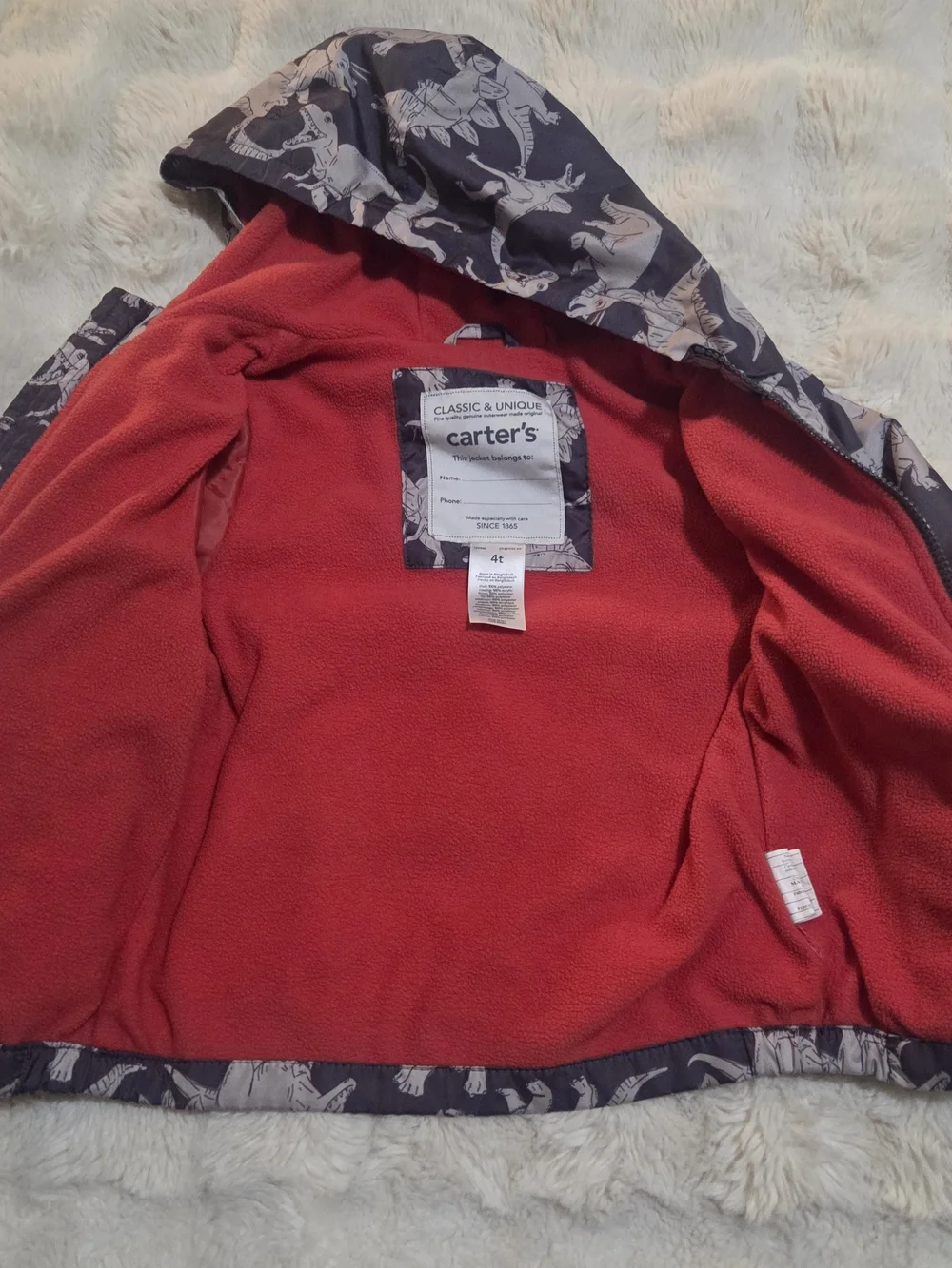 Boys 4T Carter's Hoodie Jacket with Dinosaur Print and Red Lining